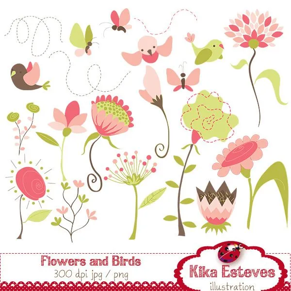 Clipart Flores e Pássaros | Kika Digital | Elo7