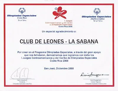 Club de Leones de La Sabana Costa Rica: Certificado de ...