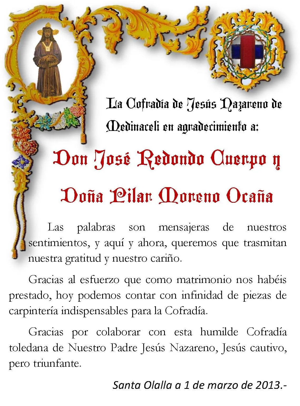 Cofradía Jesús Nazareno de Medinaceli: Agradecimiento a don José ...