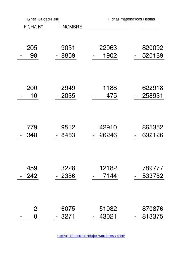 Colección de fichas de restas hasta 6 cifras con y sin llevada ...