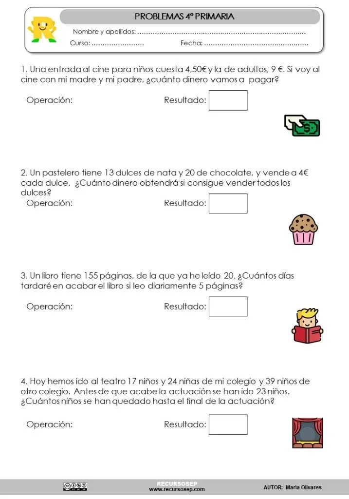 Colección de problemas de 4º primaria: Sumas, restas, multiplicaciones y  divisiones