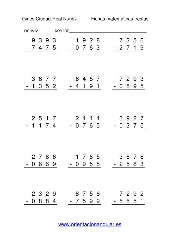 Coleccion de Restas de dos números de 4 cifras con y sin llevada ...