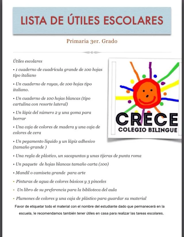 COLEGIO BILINGÜE CRECE: Lista de útiles escolares de 1ro. a 6to ...