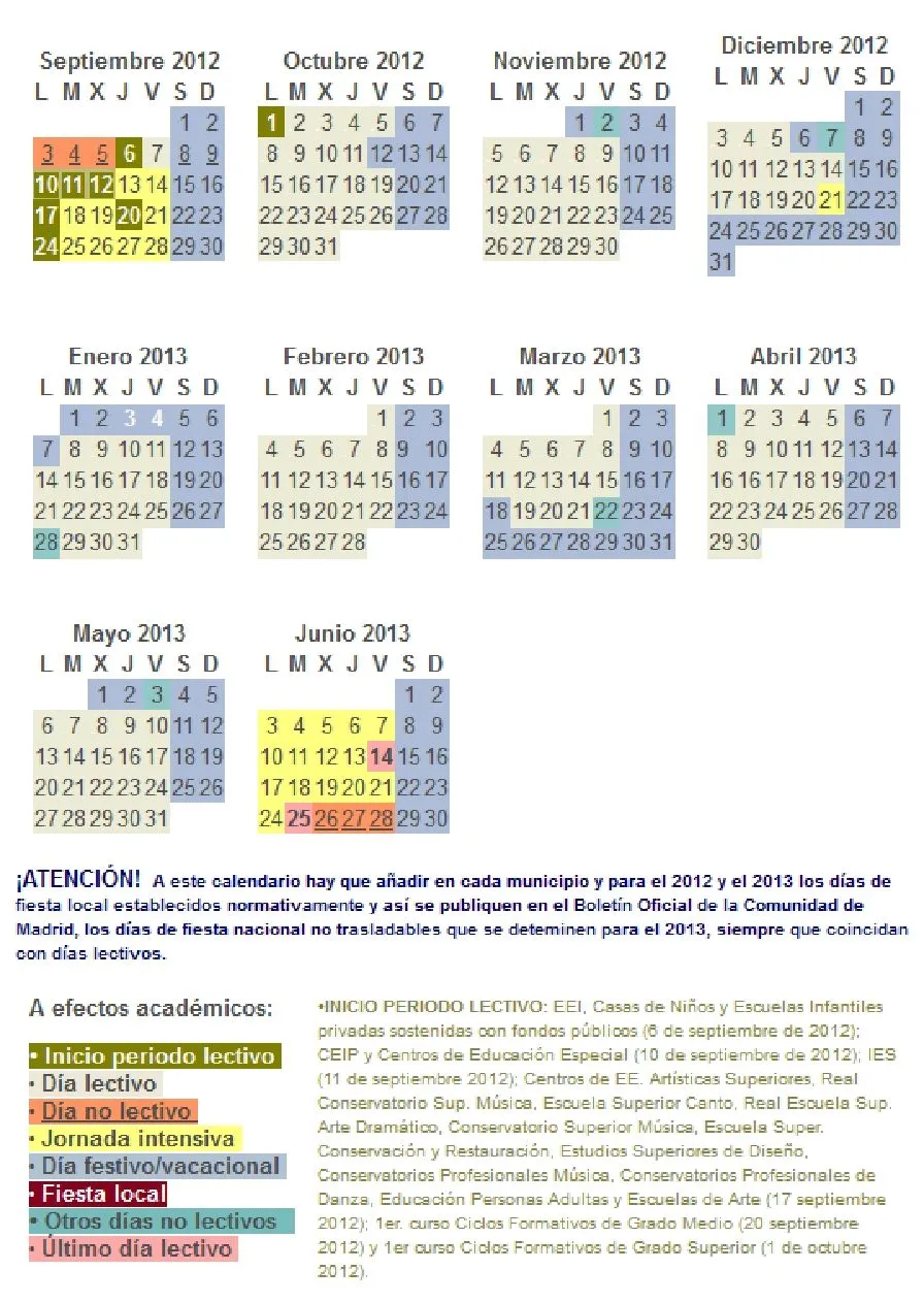 Colegio: CALENDARIO ESCOLAR 2012-