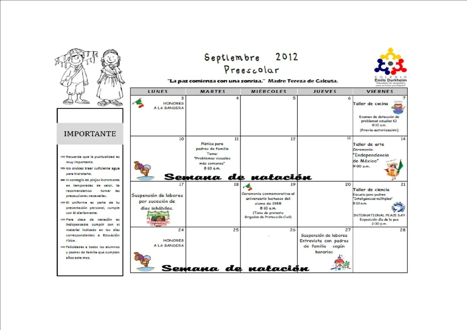 COLEGIO EMILE DURKHEIM : CALENDARIO PREESCOLAR SEPTIEMBRE