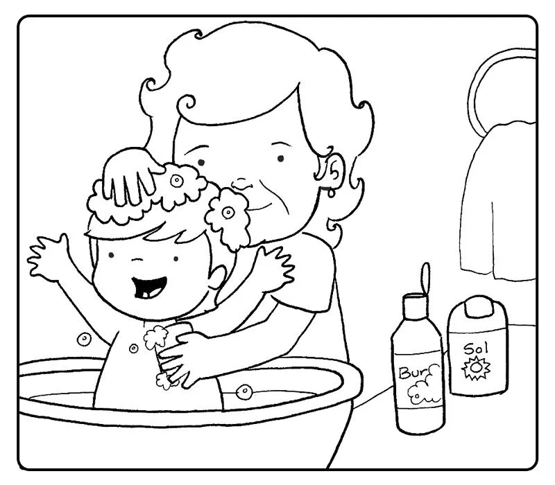 Colorear abuela bañando a su nieta. Colorear con niños. Ocio en ...