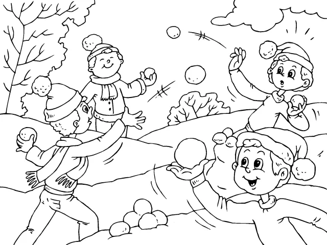 Colorear Niños jugando con bolas de nieve - Dibujos de Invierno ...