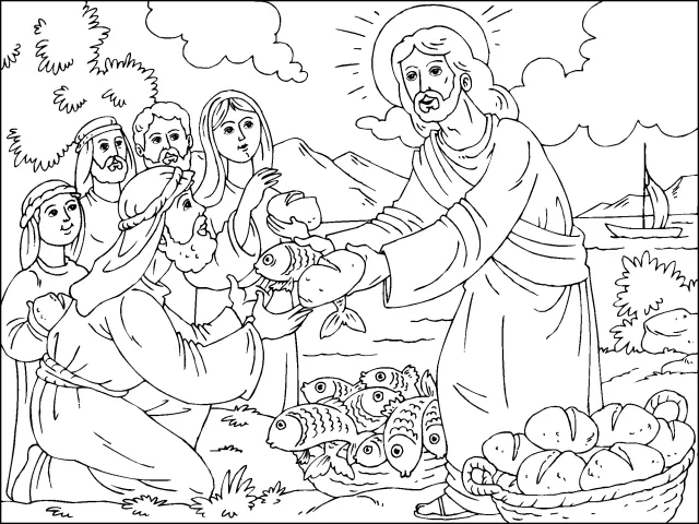 Colorear Los panes y los peces - Dibujos de Nuevo testamento para ...