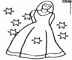 Colorear Princesa con un vestido largo y rodeada de estrellas