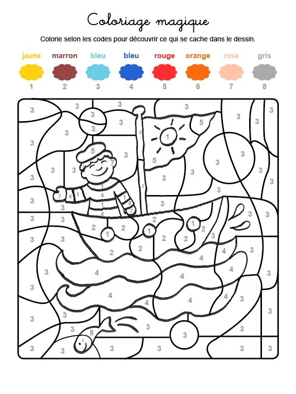 Coloriage magique en français: un marinero en su barco