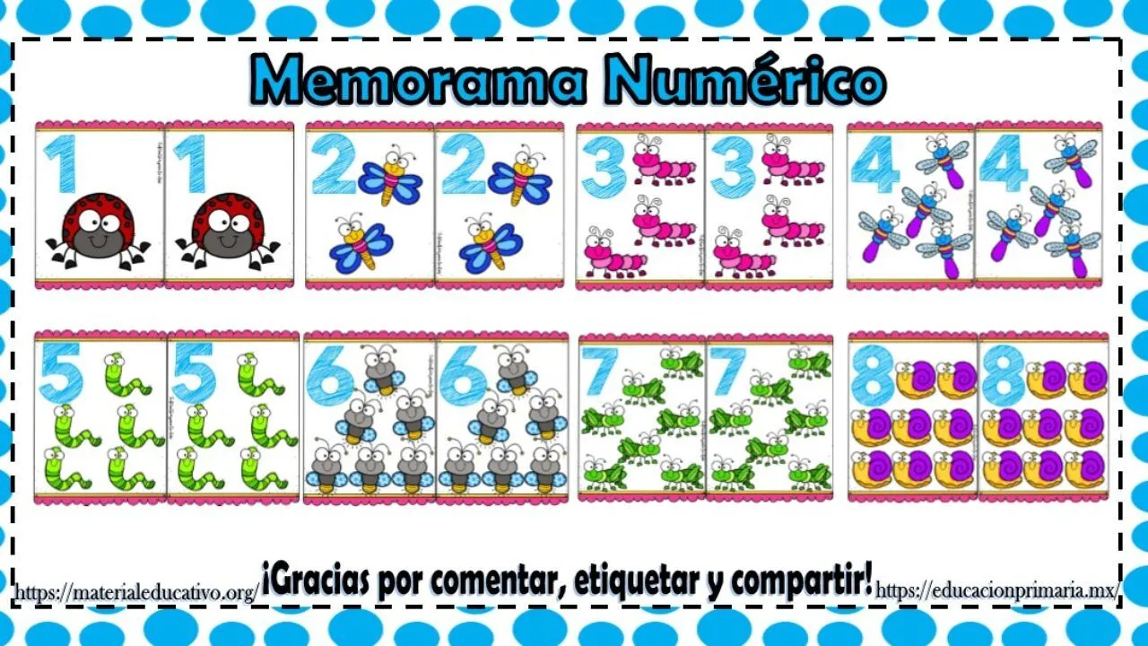 Colorido memorama ilustrado de números del 1 al 10 para jugar y aprender |  Material Educativo