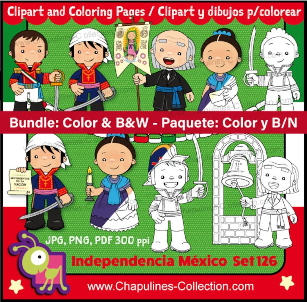 Combo clipart Independencia de México a color y en blanco y - Etsy México