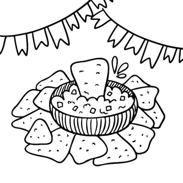 Comida mexicana para colorear página doodle guacamole estilo nachos  banderas festivas | Vector Premium