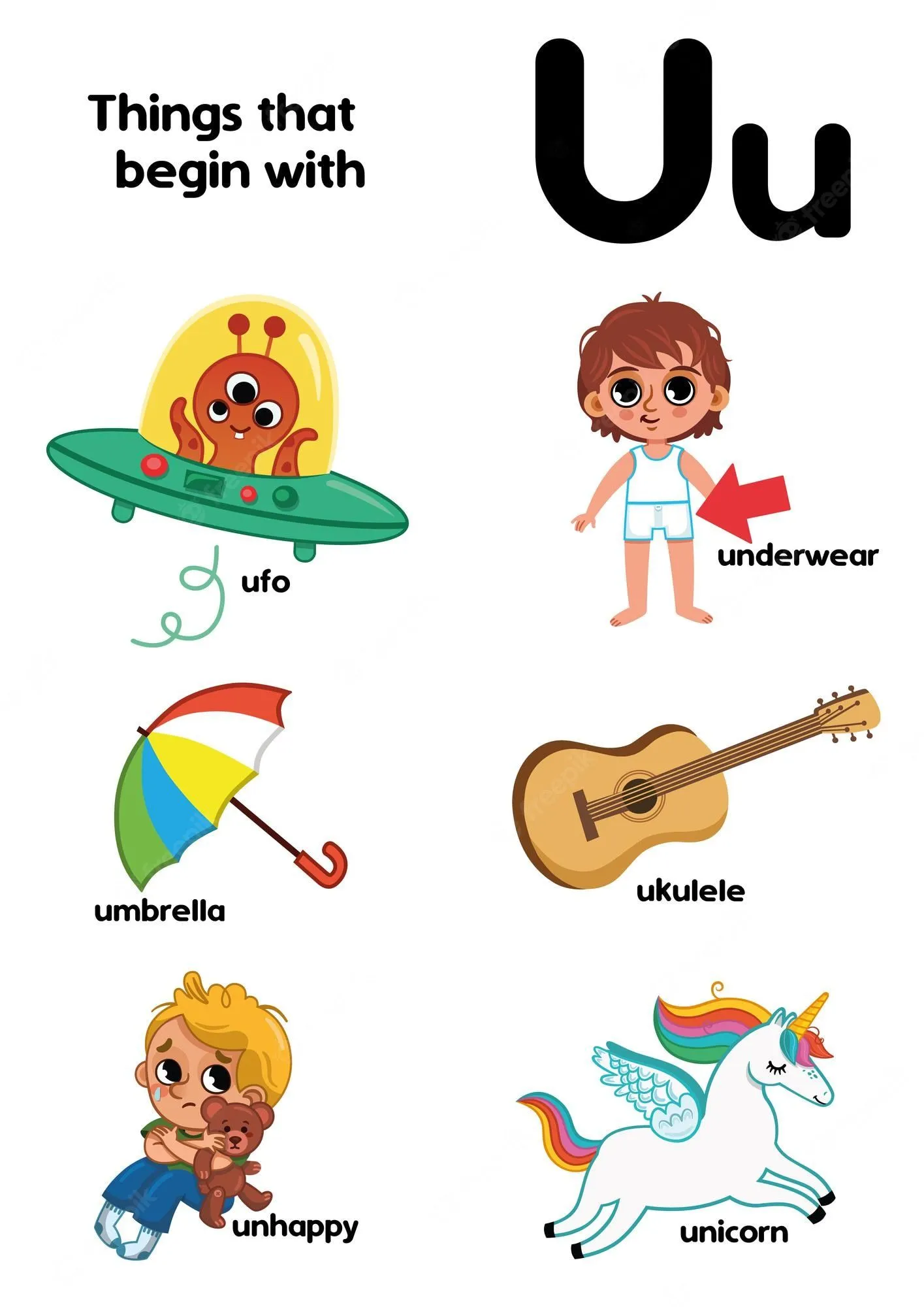 Cosas que comienzan con la letra u ilustración de vector educativo para  niños | Vector Premium