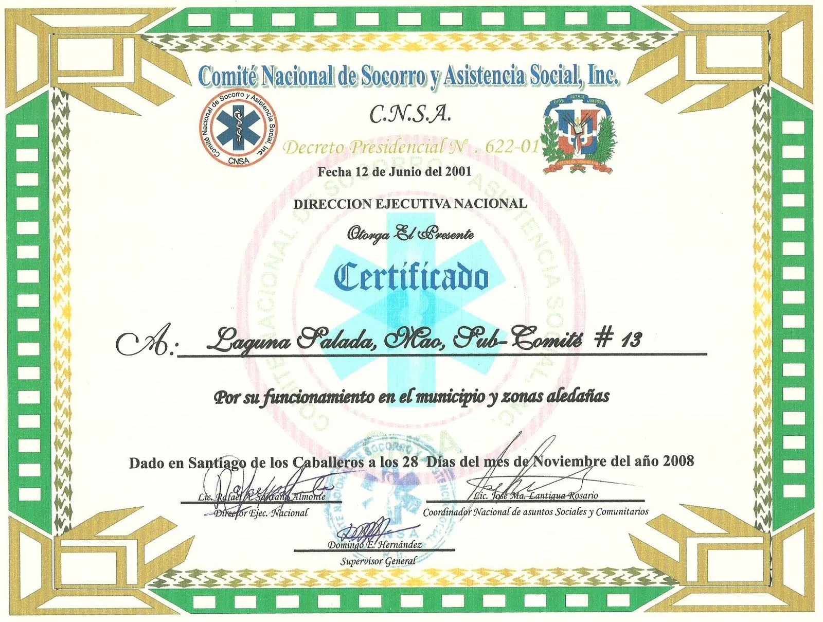 Comité Nacional De Socorro Y Asistencias Social: certificado de ...