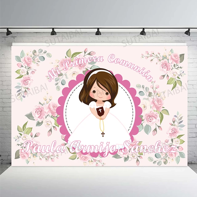 Mi Primera Comunión Niña Decoración Foto Fondo Bautismo Flores Rosas  Personalizado Photophone Mi Bautizo Baby Shower Fondo Vinilo - Fondos -  AliExpress