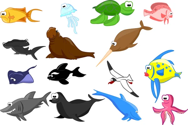 conjunto de animales marinos de dibujos animados lindo — Vector ...