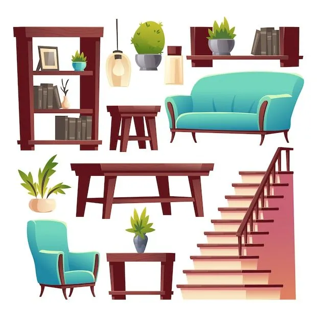 Conjunto de dibujos animados de muebles de interior de casa en sala de  estar | Vector Premium