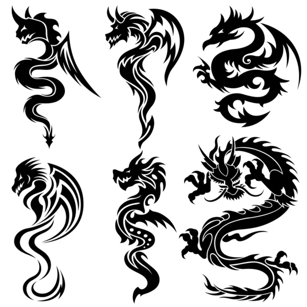 conjunto de los dragones chinos, tatuajes tribales — Vector stock ...