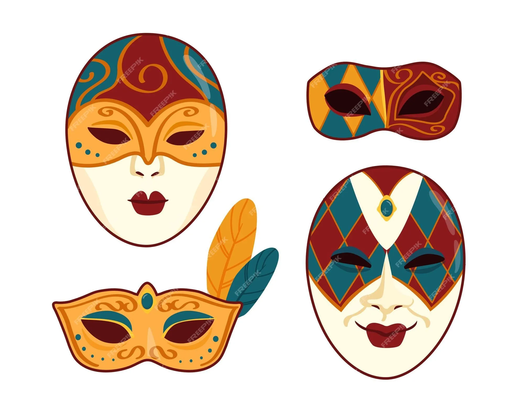 Conjunto de máscaras de carnaval elementos de disfraces para fiestas de  disfraces y bailes de eventos entretenimiento y diversión plantilla y  maqueta colección de vectores planos de dibujos animados aislados en fondo  blanco | Vector Premium