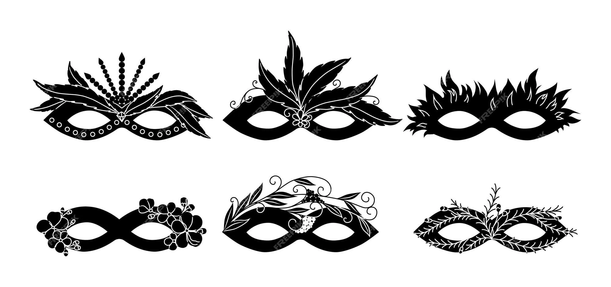 Conjunto de máscaras de carnaval vectoriales colección de siluetas aisladas  en blanco y negro de accesorios de mascarada diseño de etiqueta de etiqueta  de plantilla de logotipo de icono | Vector Premium