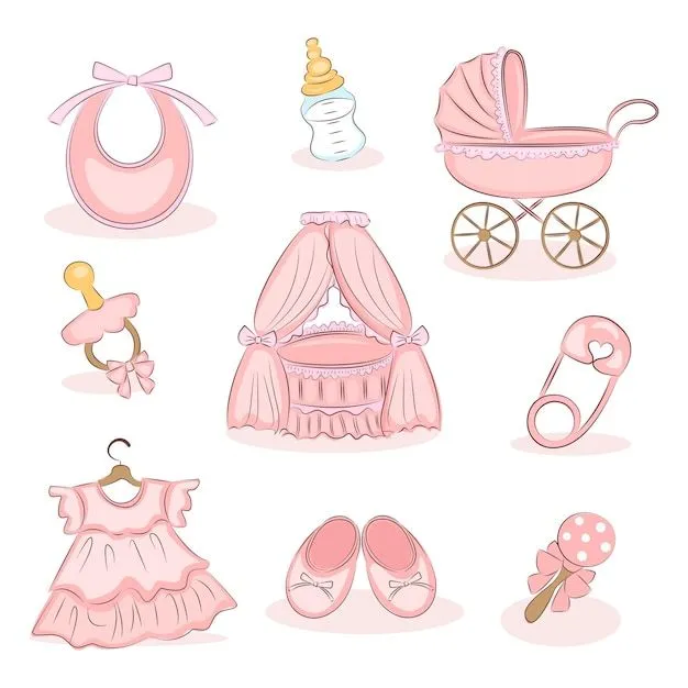 Conjunto de suministros de bebé de color rosa para una niña ropa de bebé y  accesorios concepto de maternidad baby shower vector conjunto elementos  aislados | Vector Premium