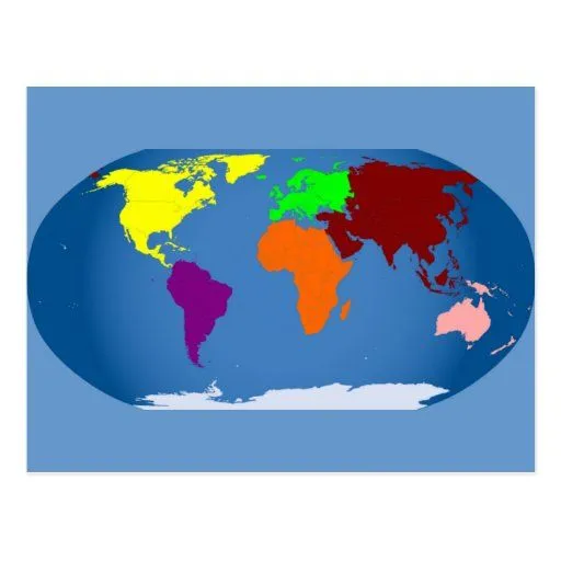 Siete continentes coloreados tarjeta postal | Zazzle