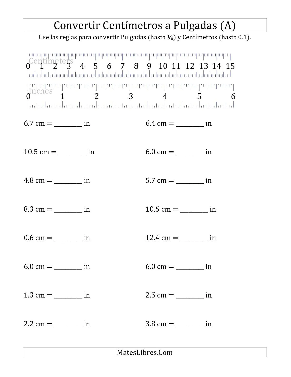 Convertir Centímetros a Pulgadas con una Regla (A) Hojas de ...