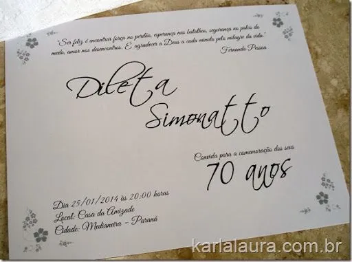 Convite de Aniversário 70 anos - Dileta Simonatto - Karla Laura ...