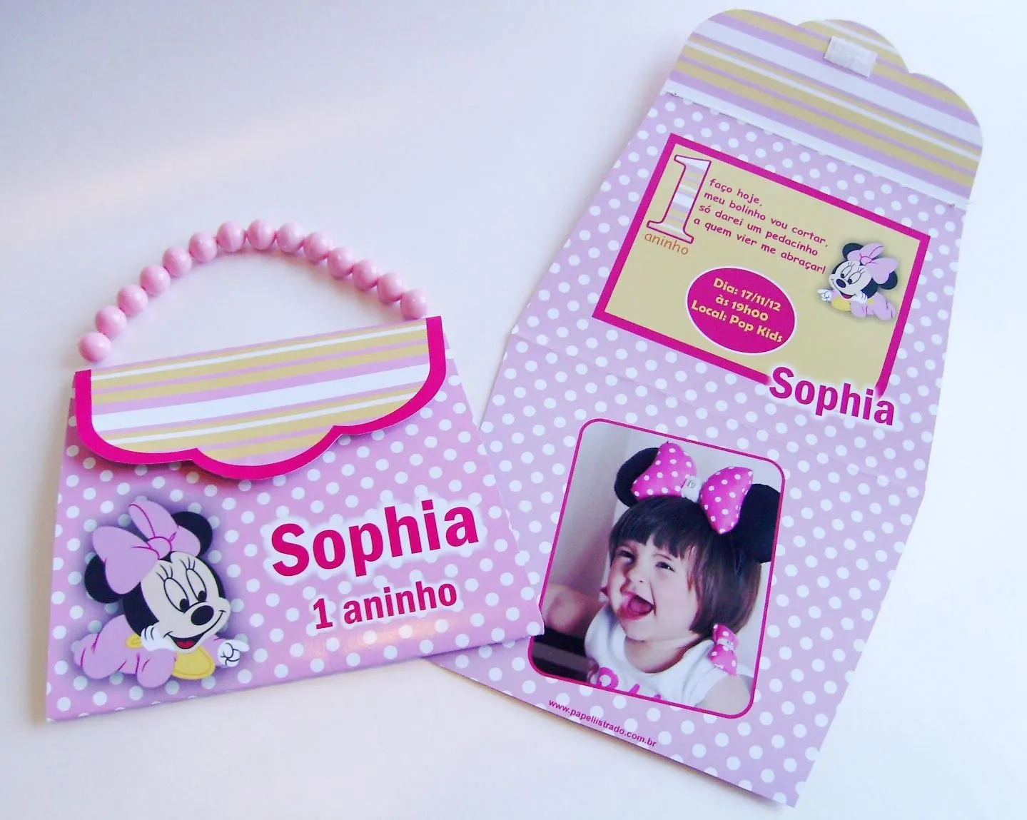 Convite bolsinha Minnie Baby | Papel Listrado Convites e ...