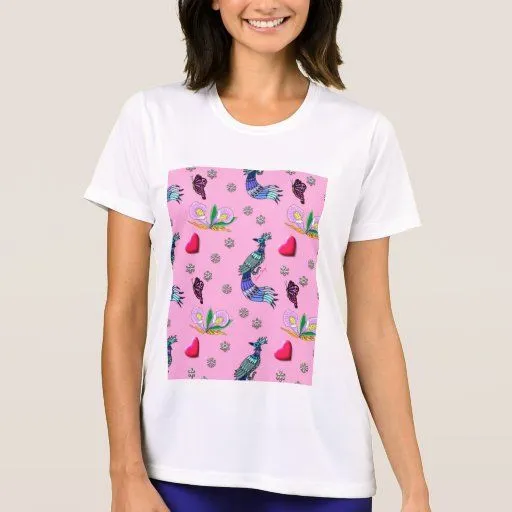 Corazones y pavos reales - rosados y placer ciánic camiseta de Zazzle.