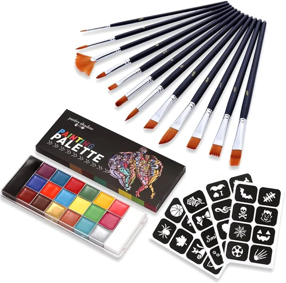 Corporal Pinturas Corporales A Base de Aceite Paleta de 20 Colores, Halloween  Pintacaritas Maquillaje Con 12 Pinceles Y 4 Plantillas, Kit De Pintura  Facial Profesional Arte Corporal Pintura Para Fiesta Maquillaje :