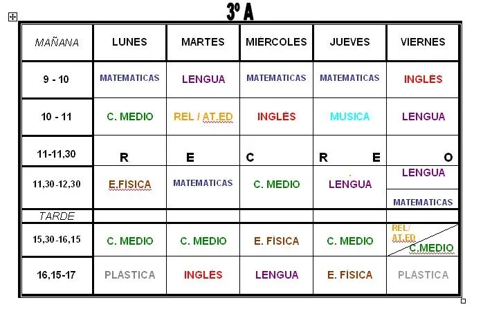 COSICAS Y MÁS: HORARIO DE CLASE 3ºA