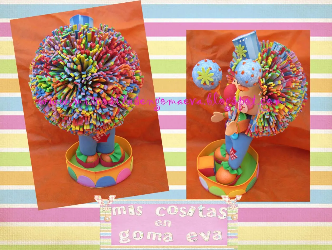 payaso portagolosinas realizado con esfera de telgopor y goma eva