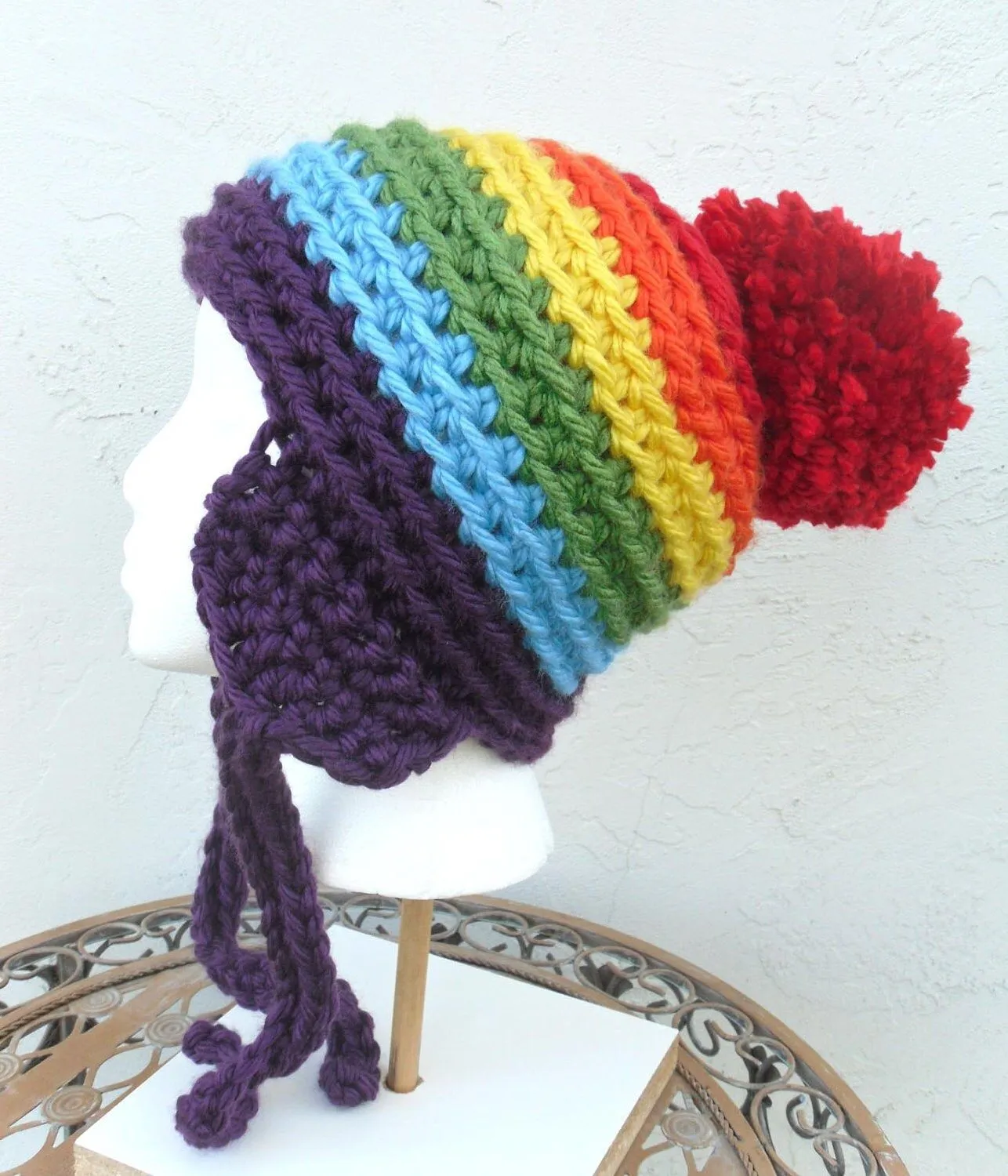 Crochet Rainbow Chullo Hat and Gigantic Red Pom Pom by Tejidos