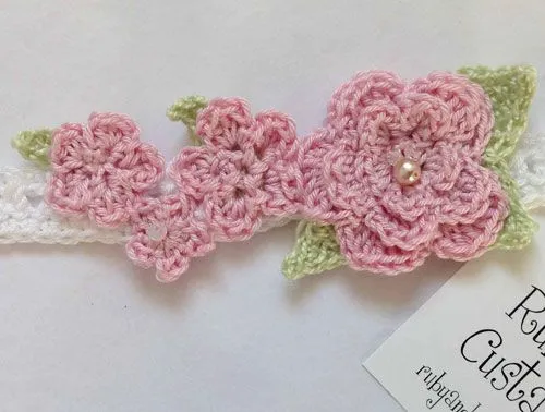 Crochet Rose Headband - Ruby & Custard