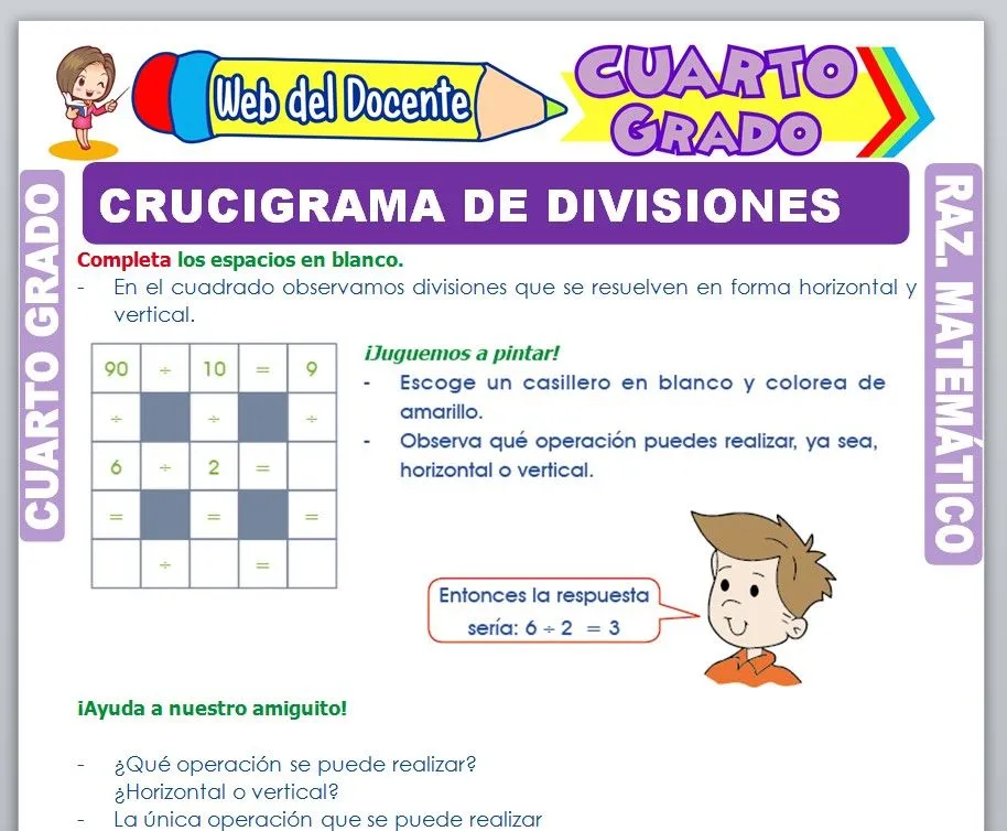 Crucigrama de Divisiones para Cuarto Grado de Primaria