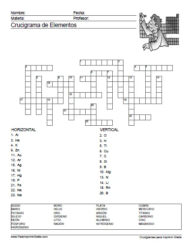 Crucigrama de Elementos - Para Imprimir Gratis - ParaImprimirGratis.