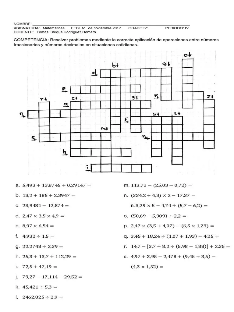 Crucigrama Matematicas 6° | PDF