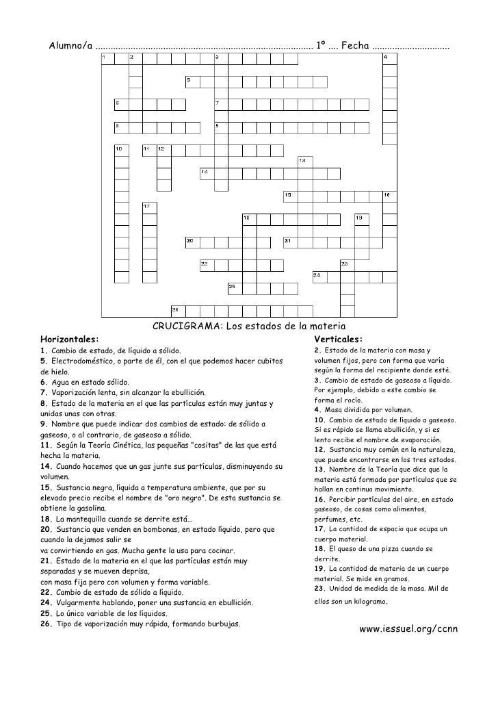 CRUCIGRAMA DE ESTADOS DE LA MATERIA