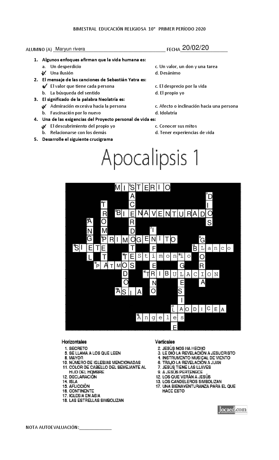 Crucigrama solucionado de RELIGIÓN | Ejercicios de Religión | Docsity