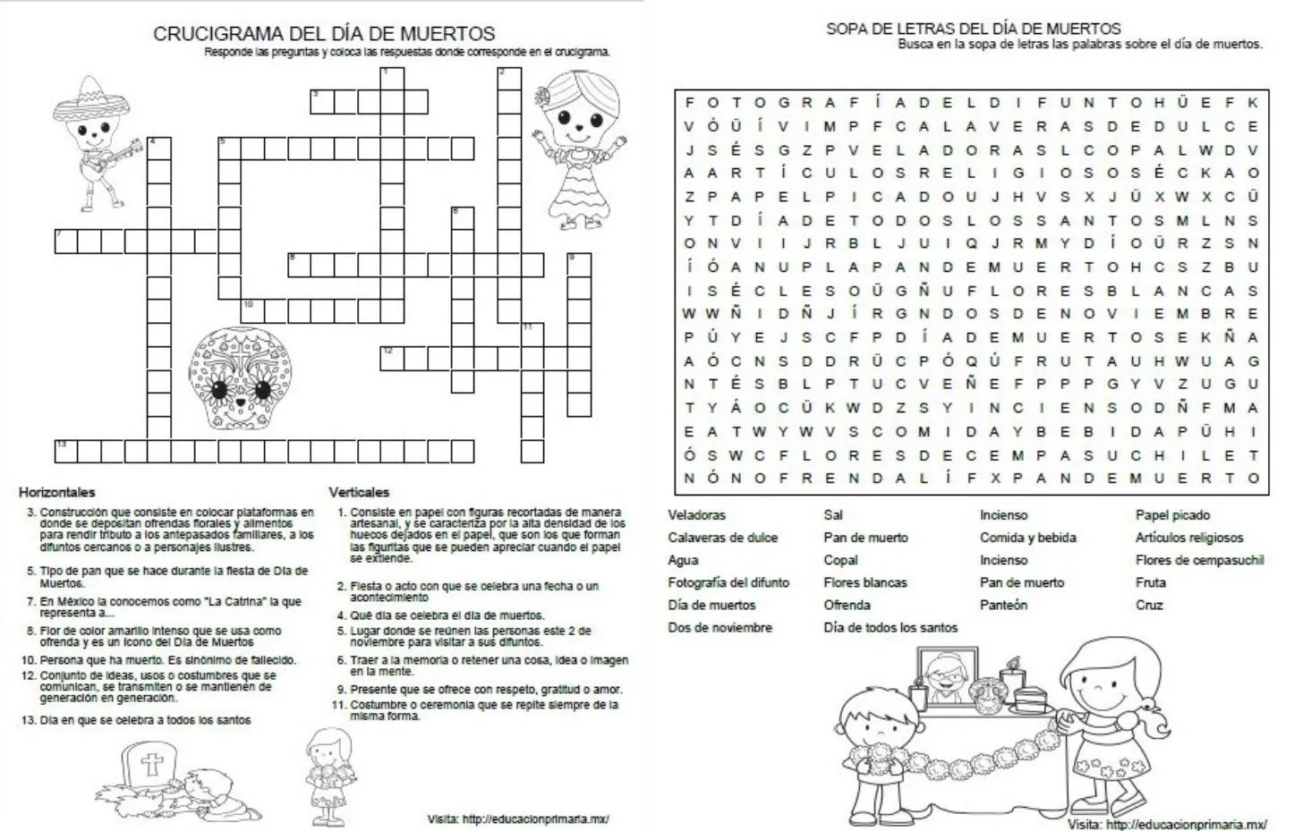 Crucigrama y sopa de letras del día de muertos | Educación Primaria