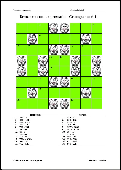 Crucigramas de restas sin tomar prestado (neoparaiso.com ...