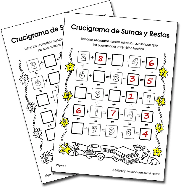 Crucigramas de Sumas y Restas simples PDF