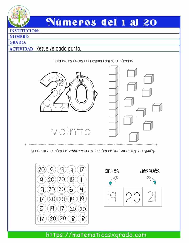 Cuadernillo con ejercicios para aprender los números del 1 al 20