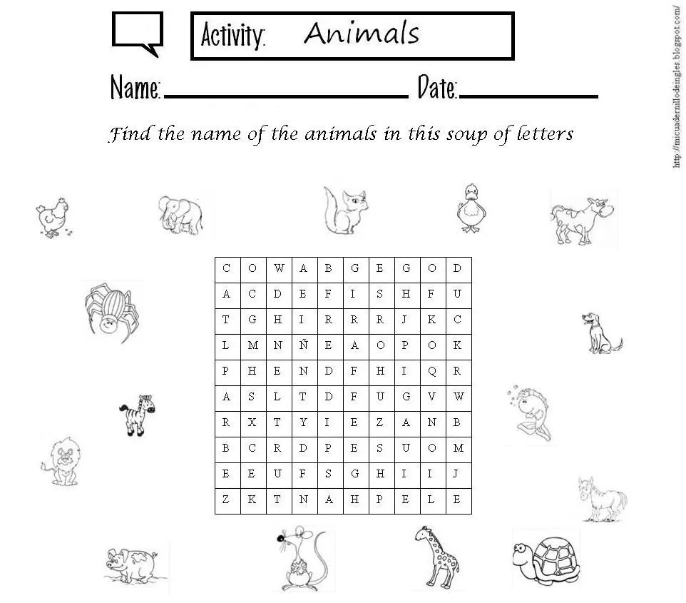 Mi cuadernillo de inglés: Sopa de letras de animales