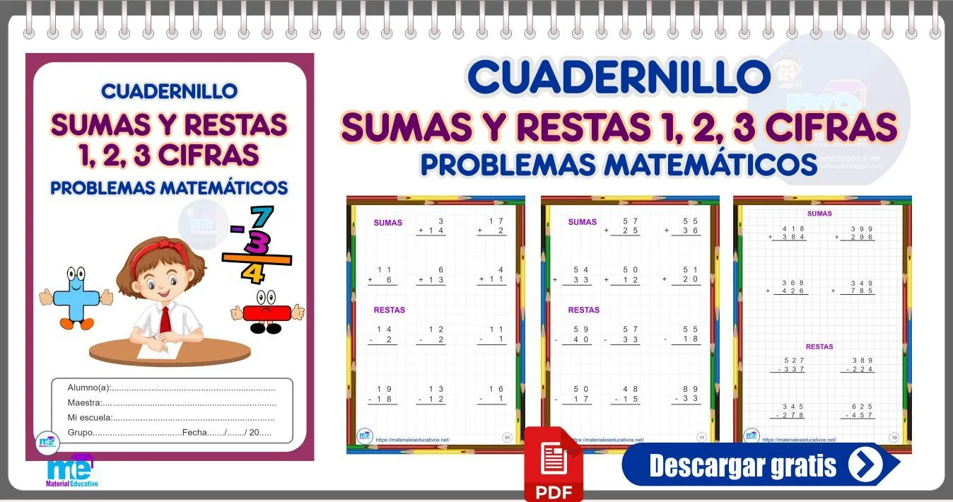 CUADERNILLO DE SUMAS Y RESTAS 1, 2, 3 CIFRAS PROBLEMAS MATEMÁTICOS -  Materiales Educativos