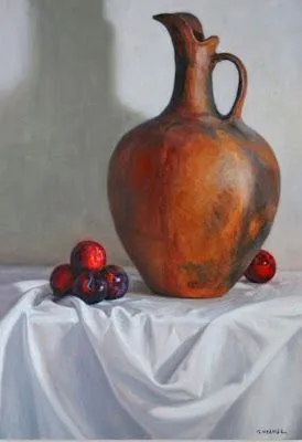 Cuadros Modernos al Óleo : Olla de barro en bodegón