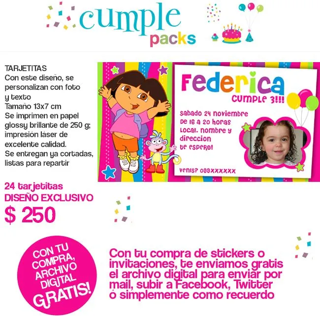 Cumple Packs: DORA LA EXPLORADORA. Invitaciones, imanes y stickers ...