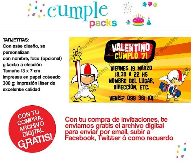 Cumple Packs: KICK BUTTOWSKI. Tarjeta de invitación y sticker para ...